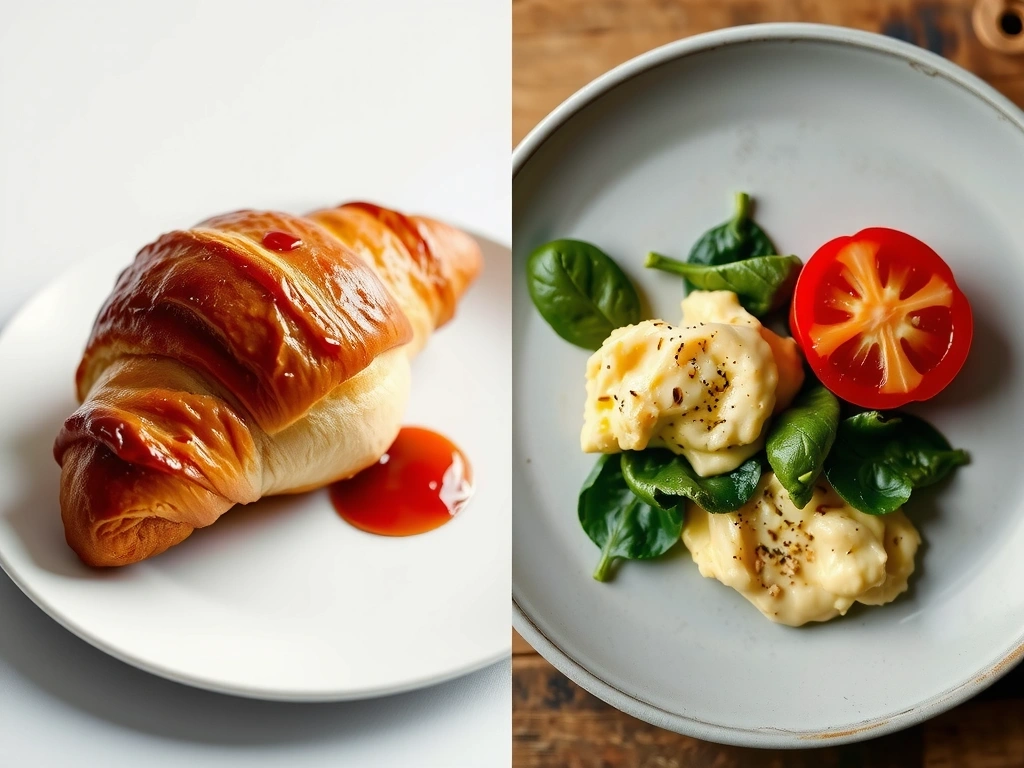Vergleich Frühstück Croissant vs. Ei Avocado